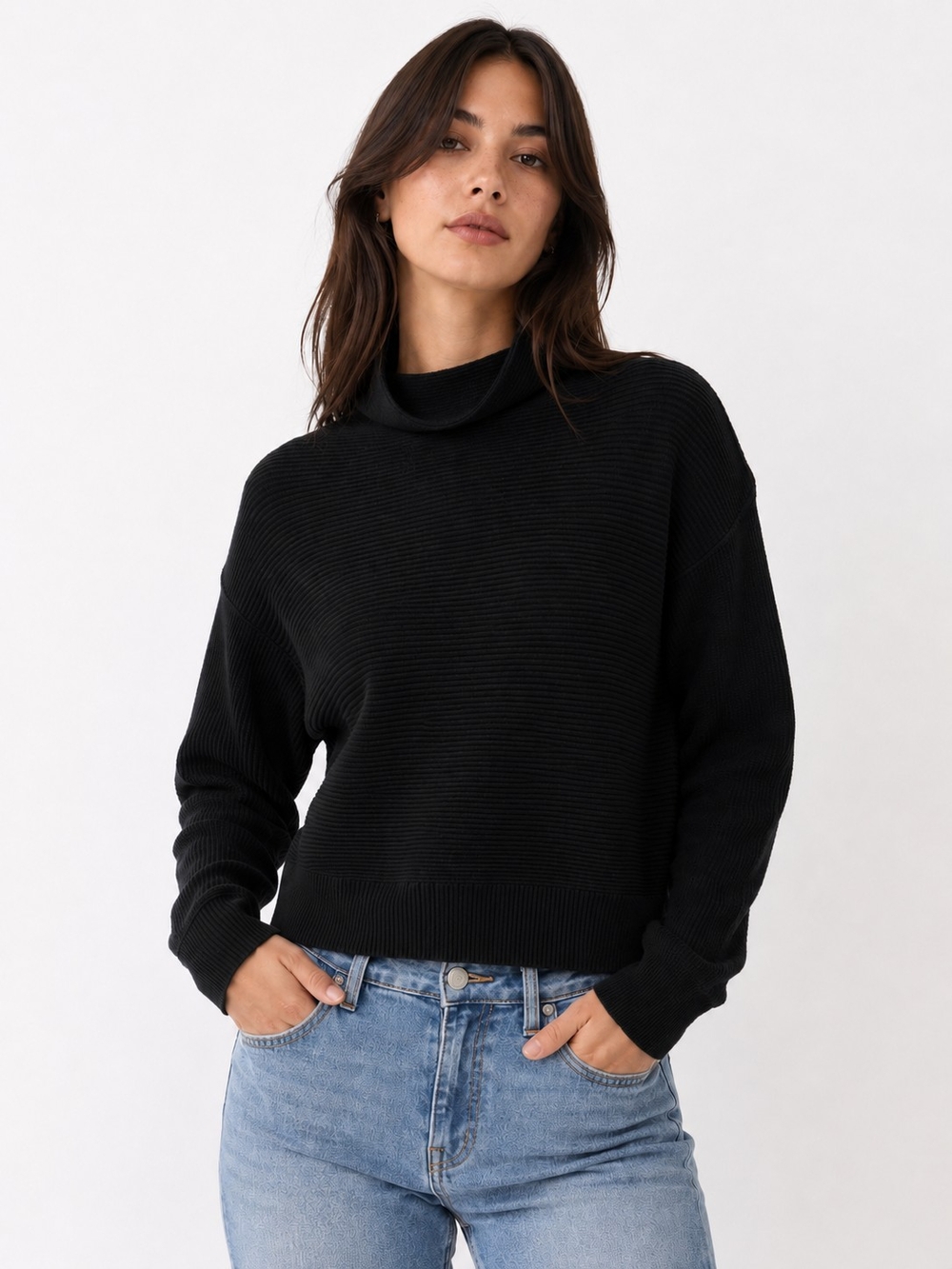 Magaschoni Black Ribbed Mock Neck Sweater Women's Small S/P Viscose Blend Knit